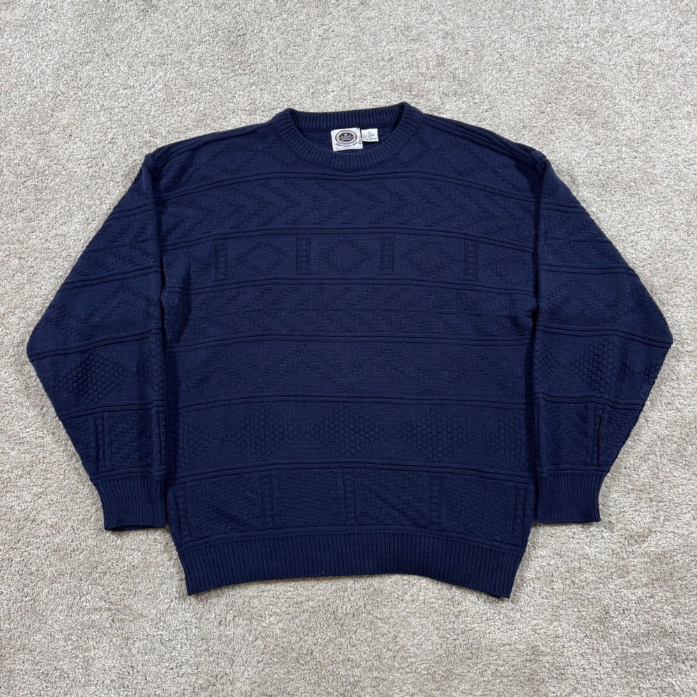 Brittany Bay Mens XL Navy Blue Textured Geometric Knit Crew Neck Sweater Vintage